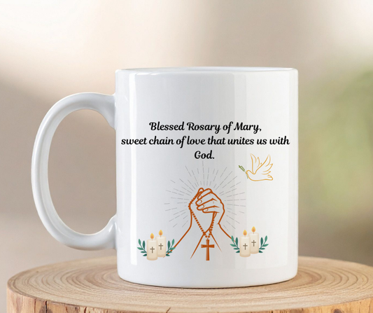 15 oz Blessed Mother Pray For Us Mug | Catholic Rosary and Faith Coffee Cup | Beautiful Religious Gift.