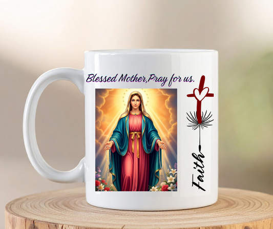 15 oz Blessed Mother Pray For Us Mug | Catholic Rosary and Faith Coffee Cup | Beautiful Religious Gift.